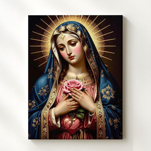 Sorrowful Virgin Mary Canvas – Blue Mantle, Pierced Heart & Rose Symbol - Gifitto