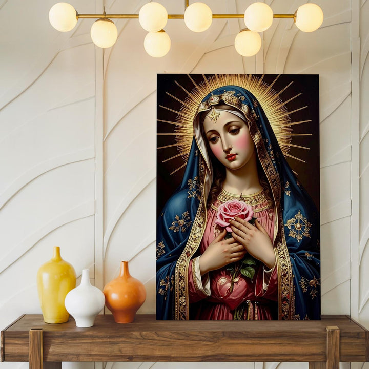 Sorrowful Virgin Mary Canvas – Blue Mantle, Pierced Heart & Rose Symbol - Gifitto