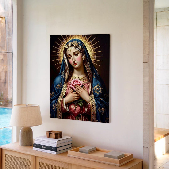 Sorrowful Virgin Mary Canvas – Blue Mantle, Pierced Heart & Rose Symbol - Gifitto