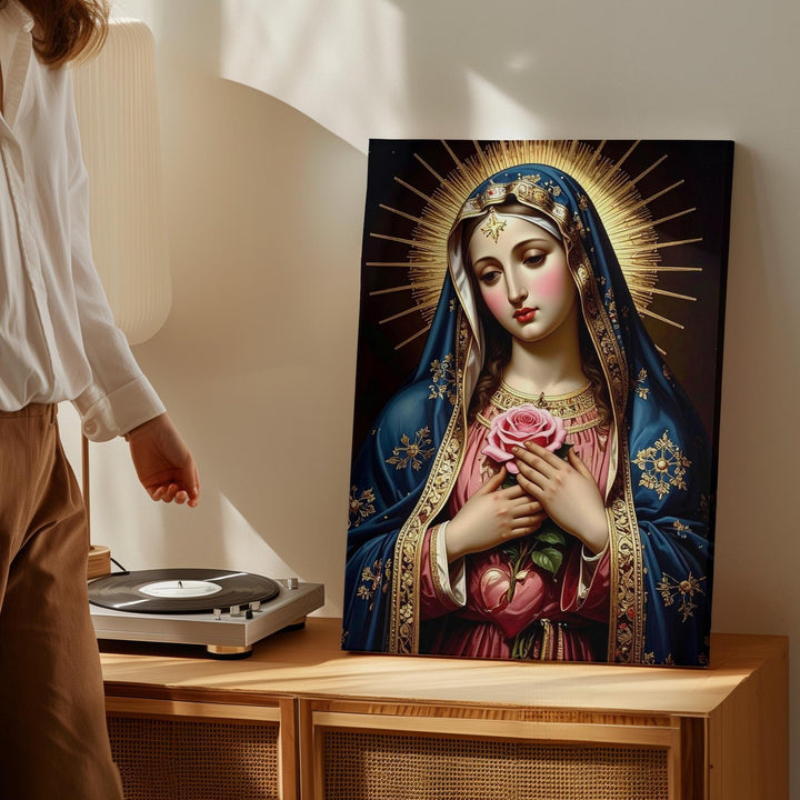Sorrowful Virgin Mary Canvas – Blue Mantle, Pierced Heart & Rose Symbol - Gifitto