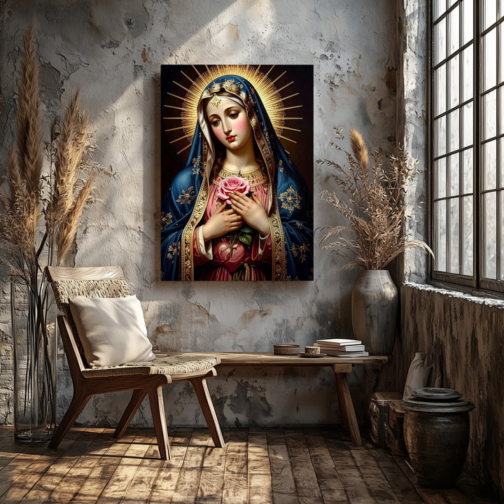 Sorrowful Virgin Mary Canvas – Blue Mantle, Pierced Heart & Rose Symbol - Gifitto