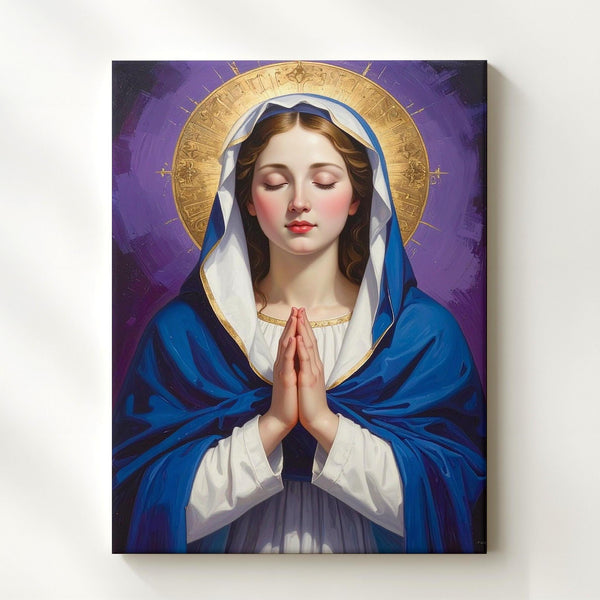 Praying Virgin Mary Canvas – Deep Blue Robe, Golden Halo & Classical Light - Gifitto