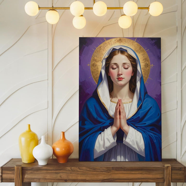 Praying Virgin Mary Canvas – Deep Blue Robe, Golden Halo & Classical Light - Gifitto
