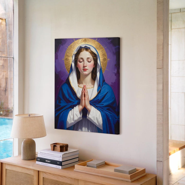 Praying Virgin Mary Canvas – Deep Blue Robe, Golden Halo & Classical Light - Gifitto