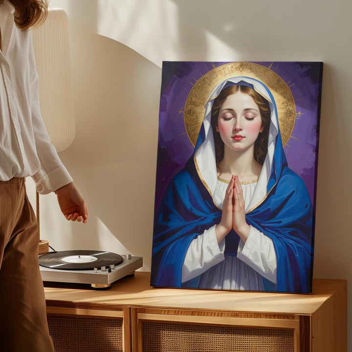 Praying Virgin Mary Canvas – Deep Blue Robe, Golden Halo & Classical Light - Gifitto