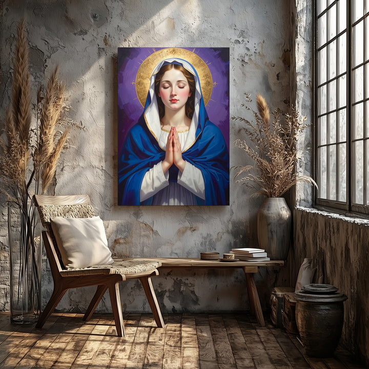 Praying Virgin Mary Canvas – Deep Blue Robe, Golden Halo & Classical Light - Gifitto