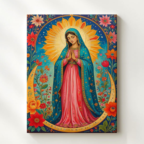 Virgin of Guadalupe Canvas – Turquoise Mantle & Floral Folk Art Symbolism - Gifitto