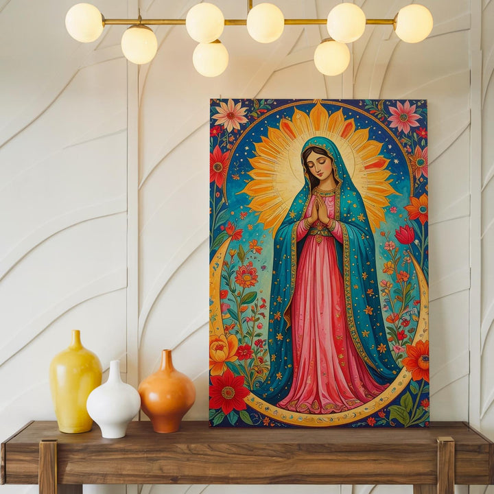 Virgin of Guadalupe Canvas – Turquoise Mantle & Floral Folk Art Symbolism - Gifitto