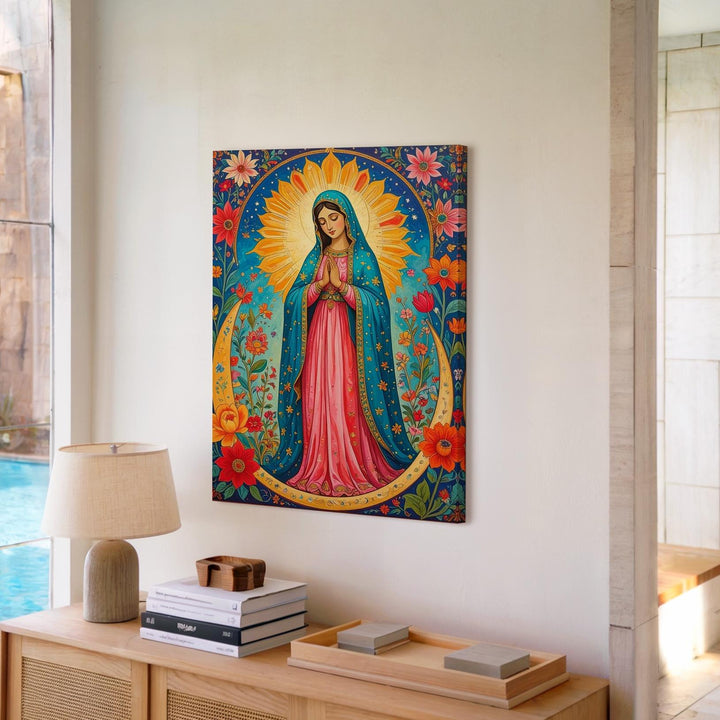 Virgin of Guadalupe Canvas – Turquoise Mantle & Floral Folk Art Symbolism - Gifitto