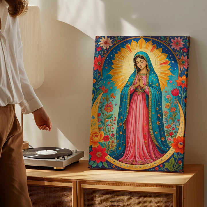 Virgin of Guadalupe Canvas – Turquoise Mantle & Floral Folk Art Symbolism - Gifitto