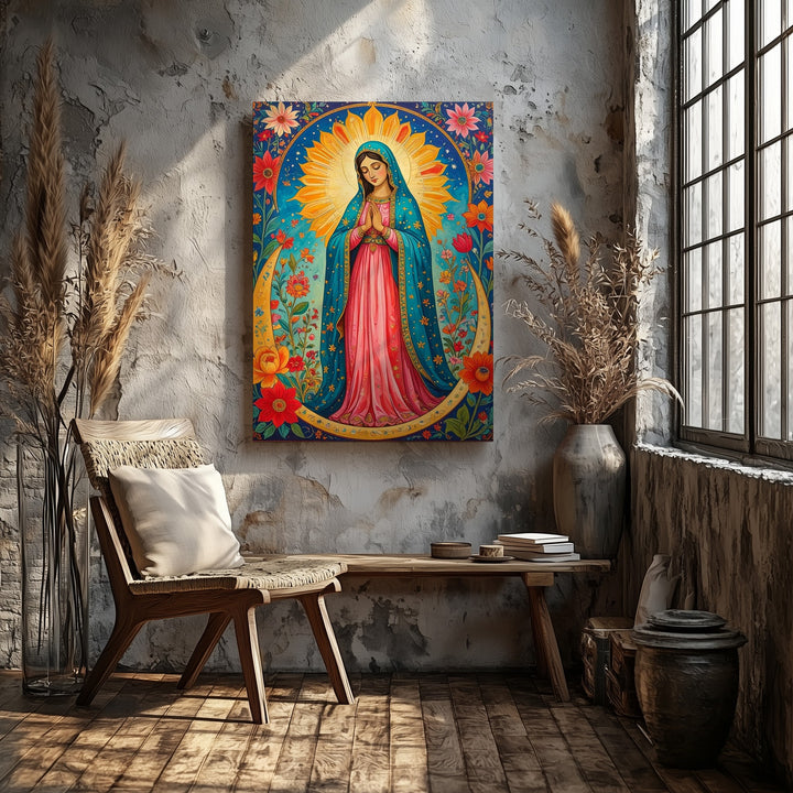 Virgin of Guadalupe Canvas – Turquoise Mantle & Floral Folk Art Symbolism - Gifitto