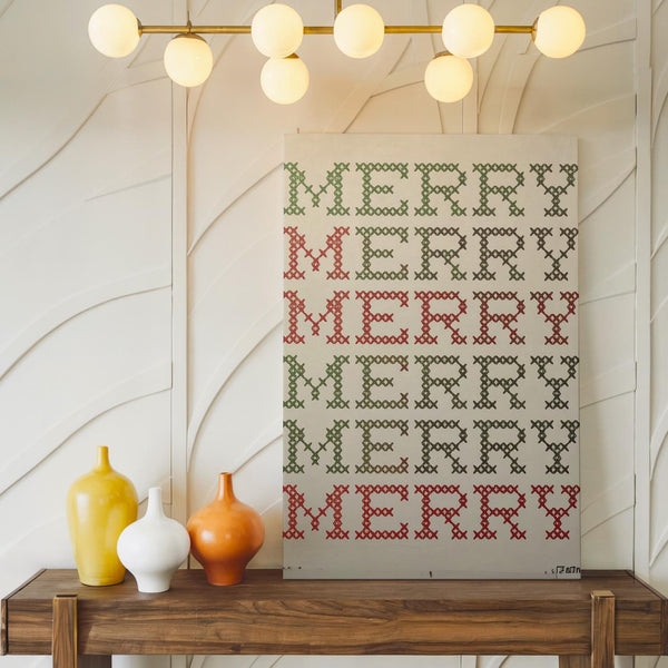 Cross-Stitch MERRY Canvas – Rustic Holiday Sweater-Inspired Typography Wall Art - Gifitto