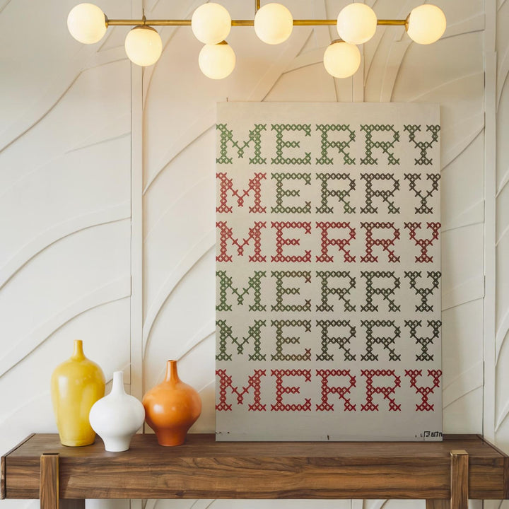 Cross-Stitch MERRY Canvas – Rustic Holiday Sweater-Inspired Typography Wall Art - Gifitto