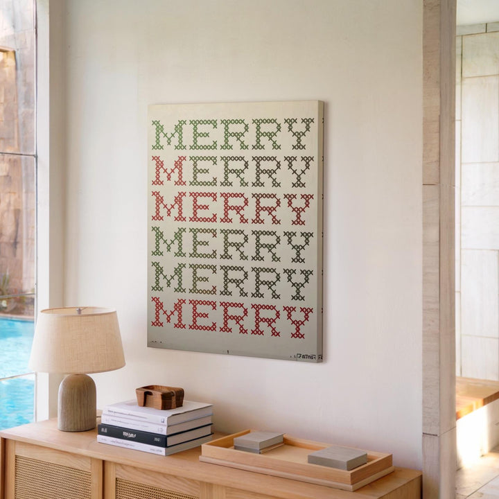 Cross-Stitch MERRY Canvas – Rustic Holiday Sweater-Inspired Typography Wall Art - Gifitto