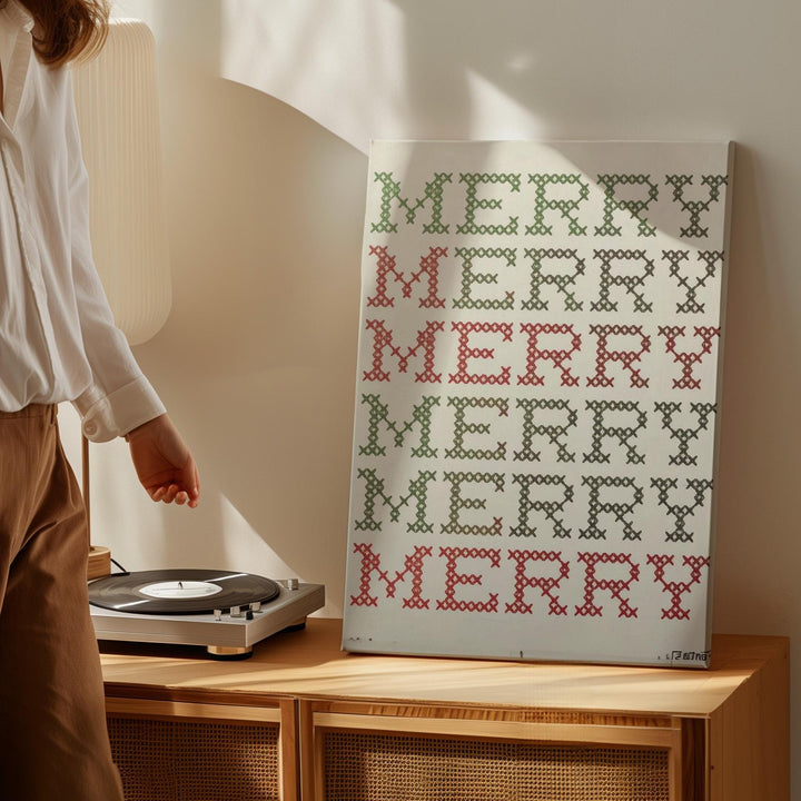 Cross-Stitch MERRY Canvas – Rustic Holiday Sweater-Inspired Typography Wall Art - Gifitto