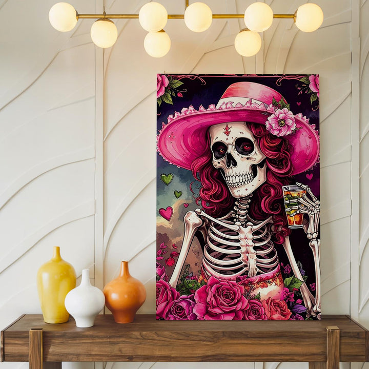 Painterly Skeleton Mona Lisa Canvas – Green-Toned Gothic Halloween Art - Gifitto