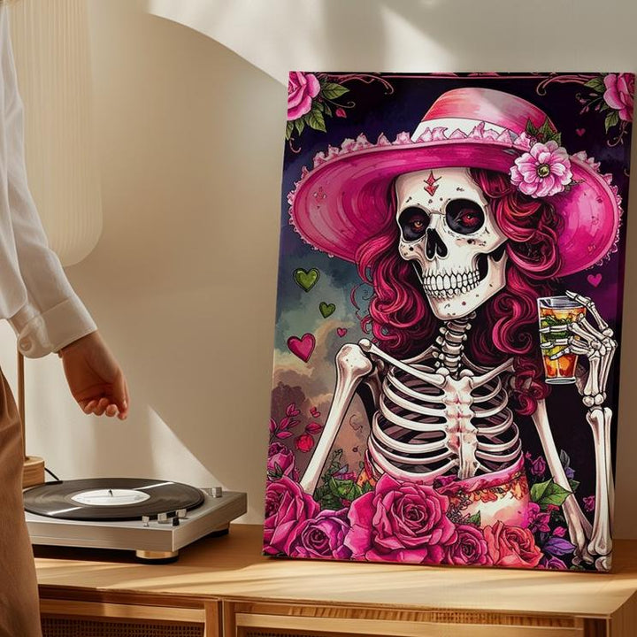 Painterly Skeleton Mona Lisa Canvas – Green-Toned Gothic Halloween Art - Gifitto