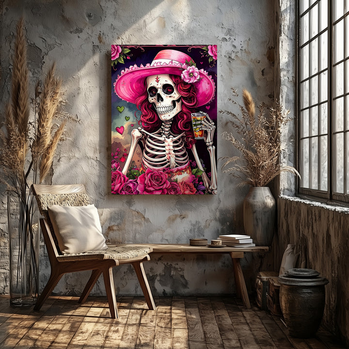 Painterly Skeleton Mona Lisa Canvas – Green-Toned Gothic Halloween Art - Gifitto