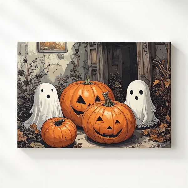 Adorable Ghost Trio & Pumpkin Room Canvas – Cozy Hand-Sketched Halloween Art - Gifitto