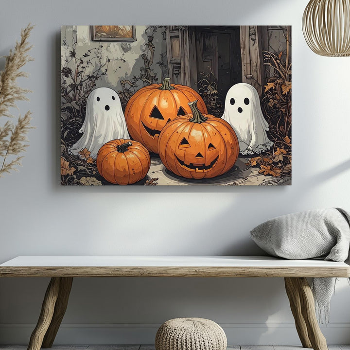 Adorable Ghost Trio & Pumpkin Room Canvas – Cozy Hand-Sketched Halloween Art - Gifitto