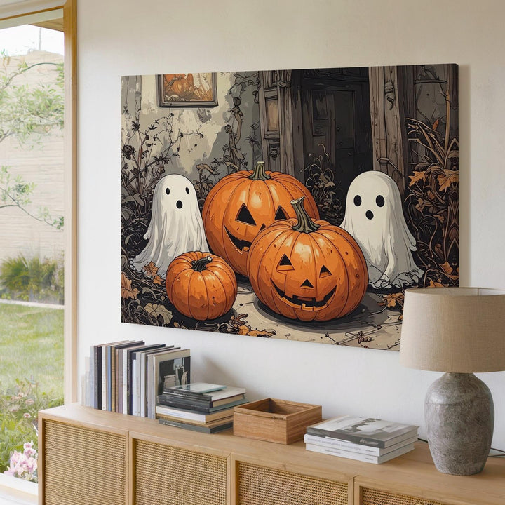 Adorable Ghost Trio & Pumpkin Room Canvas – Cozy Hand-Sketched Halloween Art - Gifitto