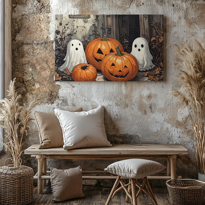 Adorable Ghost Trio & Pumpkin Room Canvas – Cozy Hand-Sketched Halloween Art - Gifitto