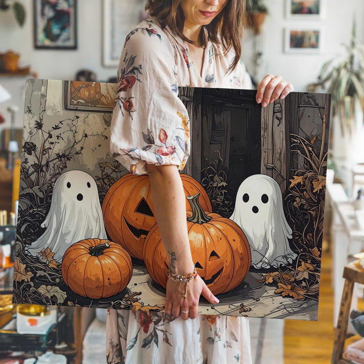 Adorable Ghost Trio & Pumpkin Room Canvas – Cozy Hand-Sketched Halloween Art - Gifitto