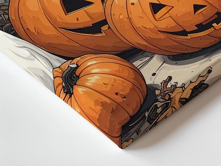 Adorable Ghost Trio & Pumpkin Room Canvas – Cozy Hand-Sketched Halloween Art - Gifitto