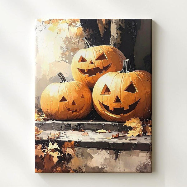 Rustic Jack-o’-Lantern Trio Canvas – Traditional Halloween Forest Art - Gifitto