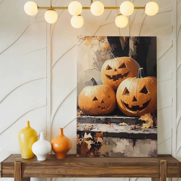 Rustic Jack-o’-Lantern Trio Canvas – Traditional Halloween Forest Art - Gifitto