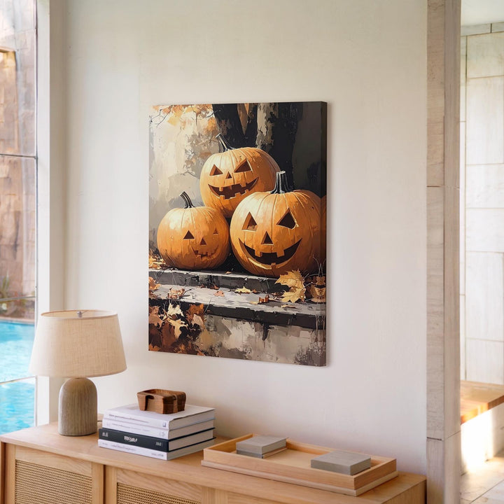Rustic Jack-o’-Lantern Trio Canvas – Traditional Halloween Forest Art - Gifitto
