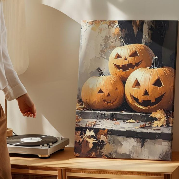 Rustic Jack-o’-Lantern Trio Canvas – Traditional Halloween Forest Art - Gifitto