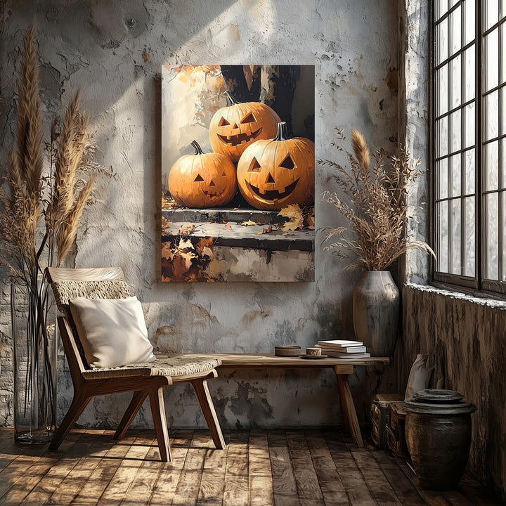 Rustic Jack-o’-Lantern Trio Canvas – Traditional Halloween Forest Art - Gifitto