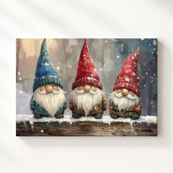 Festive Gnomes Canvas – Playful Christmas Trio on Snowy Ledge - Gifitto