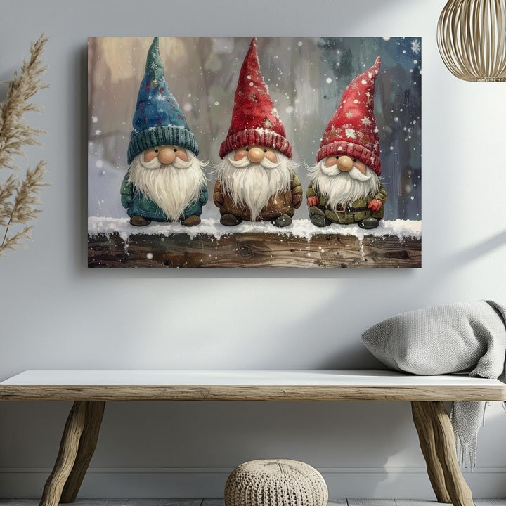 Festive Gnomes Canvas – Playful Christmas Trio on Snowy Ledge - Gifitto