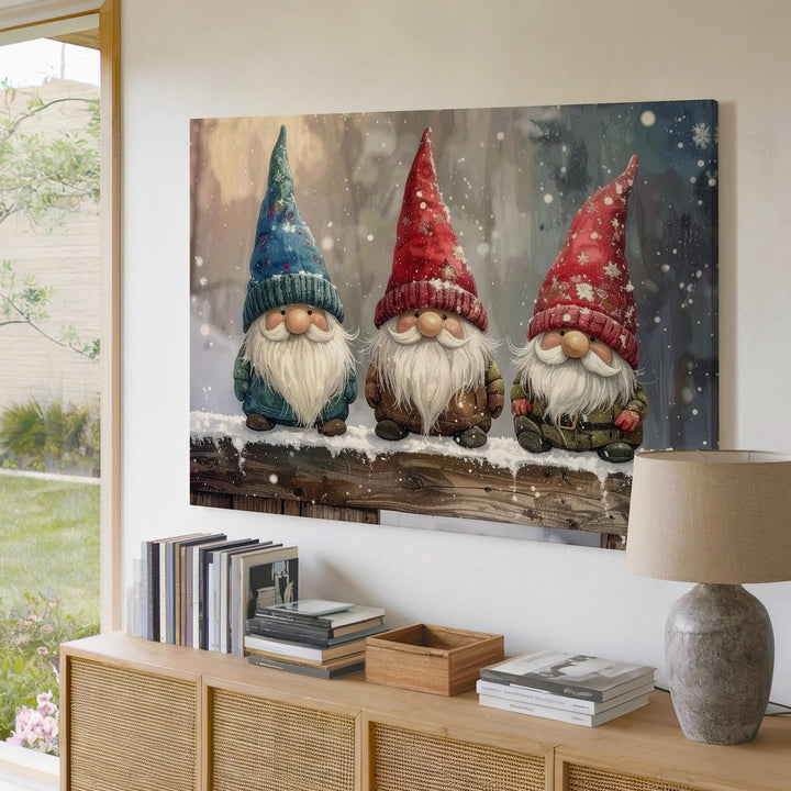 Festive Gnomes Canvas – Playful Christmas Trio on Snowy Ledge - Gifitto