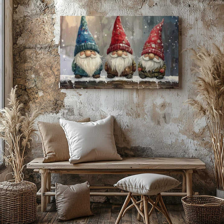 Festive Gnomes Canvas – Playful Christmas Trio on Snowy Ledge - Gifitto