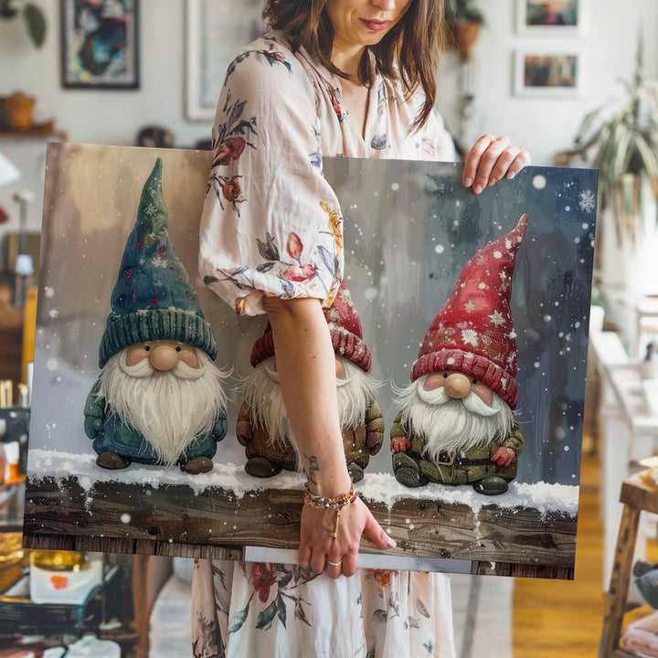Festive Gnomes Canvas – Playful Christmas Trio on Snowy Ledge - Gifitto