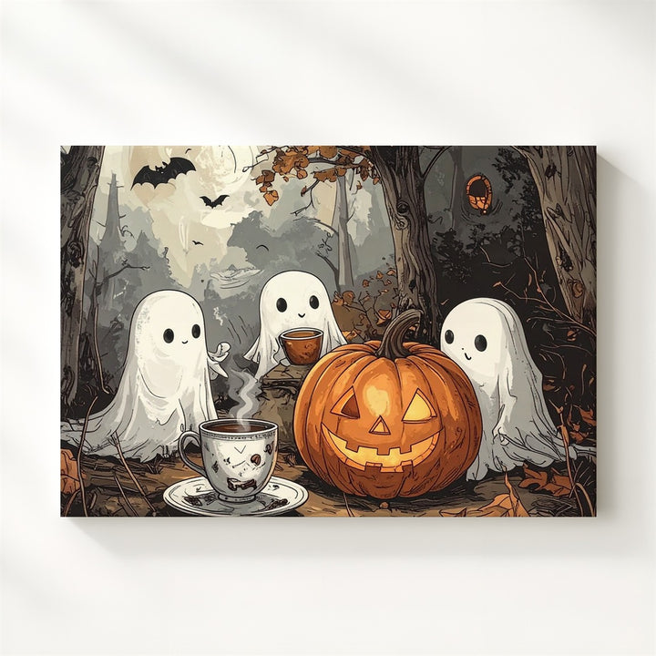 Ghostly Tea Gathering Canvas – Outdoor Jack-o’-Lantern Halloween Art - Gifitto