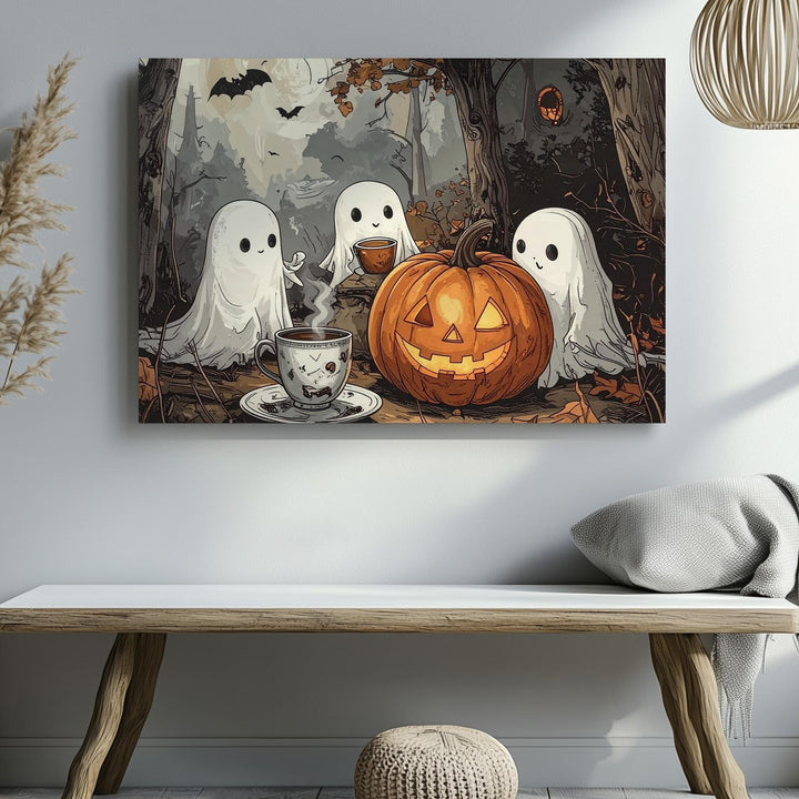 Ghostly Tea Gathering Canvas – Outdoor Jack-o’-Lantern Halloween Art - Gifitto