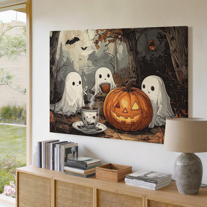 Ghostly Tea Gathering Canvas – Outdoor Jack-o’-Lantern Halloween Art - Gifitto