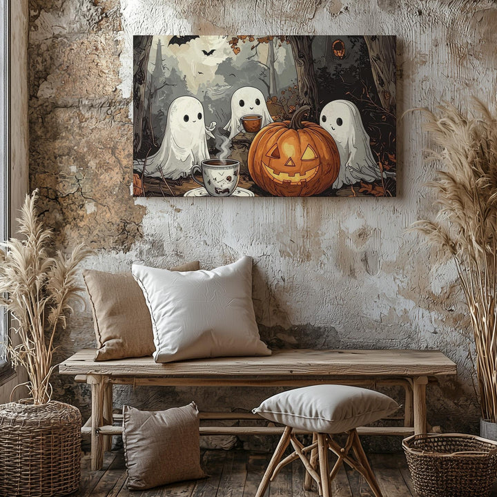 Ghostly Tea Gathering Canvas – Outdoor Jack-o’-Lantern Halloween Art - Gifitto