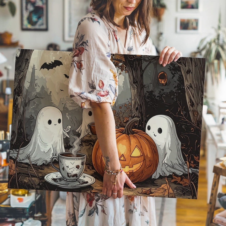 Ghostly Tea Gathering Canvas – Outdoor Jack-o’-Lantern Halloween Art - Gifitto