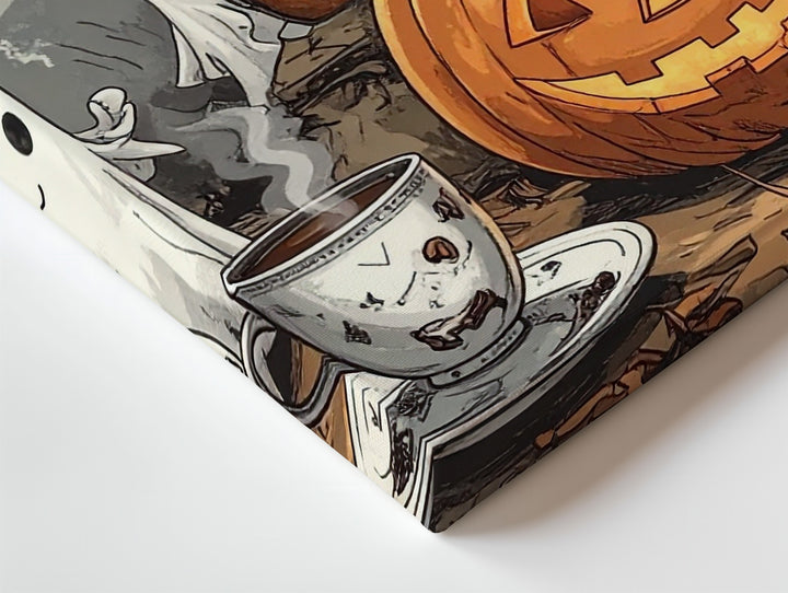 Ghostly Tea Gathering Canvas – Outdoor Jack-o’-Lantern Halloween Art - Gifitto