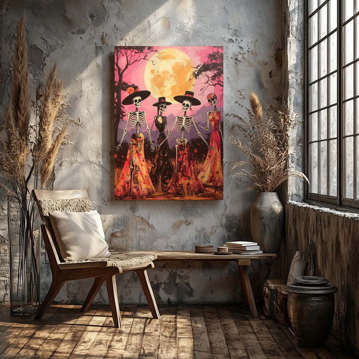 Dancing Skeletons Canvas – Festive Día de los Muertos & Halloween Art - Gifitto