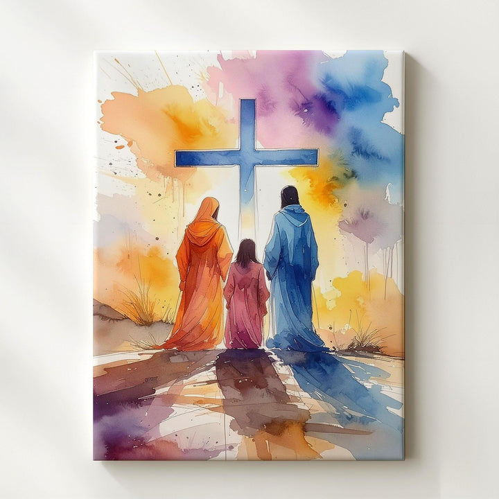 Abstract Worship Canvas – Watercolor Figures Kneeling Before Blue Cross - Gifitto