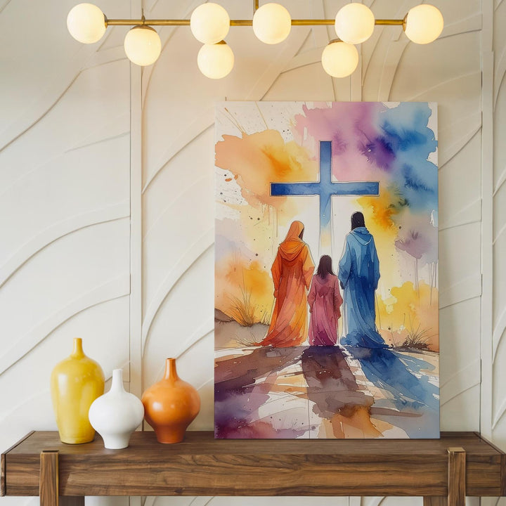 Abstract Worship Canvas – Watercolor Figures Kneeling Before Blue Cross - Gifitto