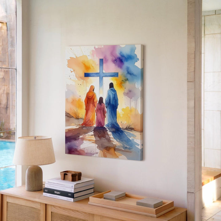 Abstract Worship Canvas – Watercolor Figures Kneeling Before Blue Cross - Gifitto