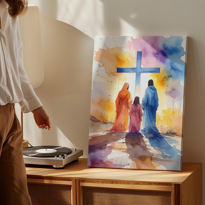Abstract Worship Canvas – Watercolor Figures Kneeling Before Blue Cross - Gifitto