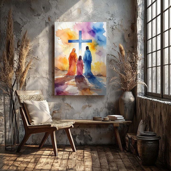 Abstract Worship Canvas – Watercolor Figures Kneeling Before Blue Cross - Gifitto